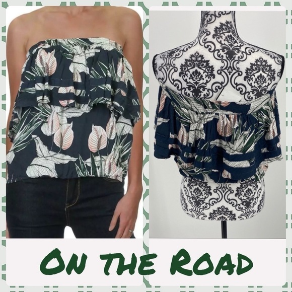 On The Road Tops - On The Road floral print strapless ruffle blouse